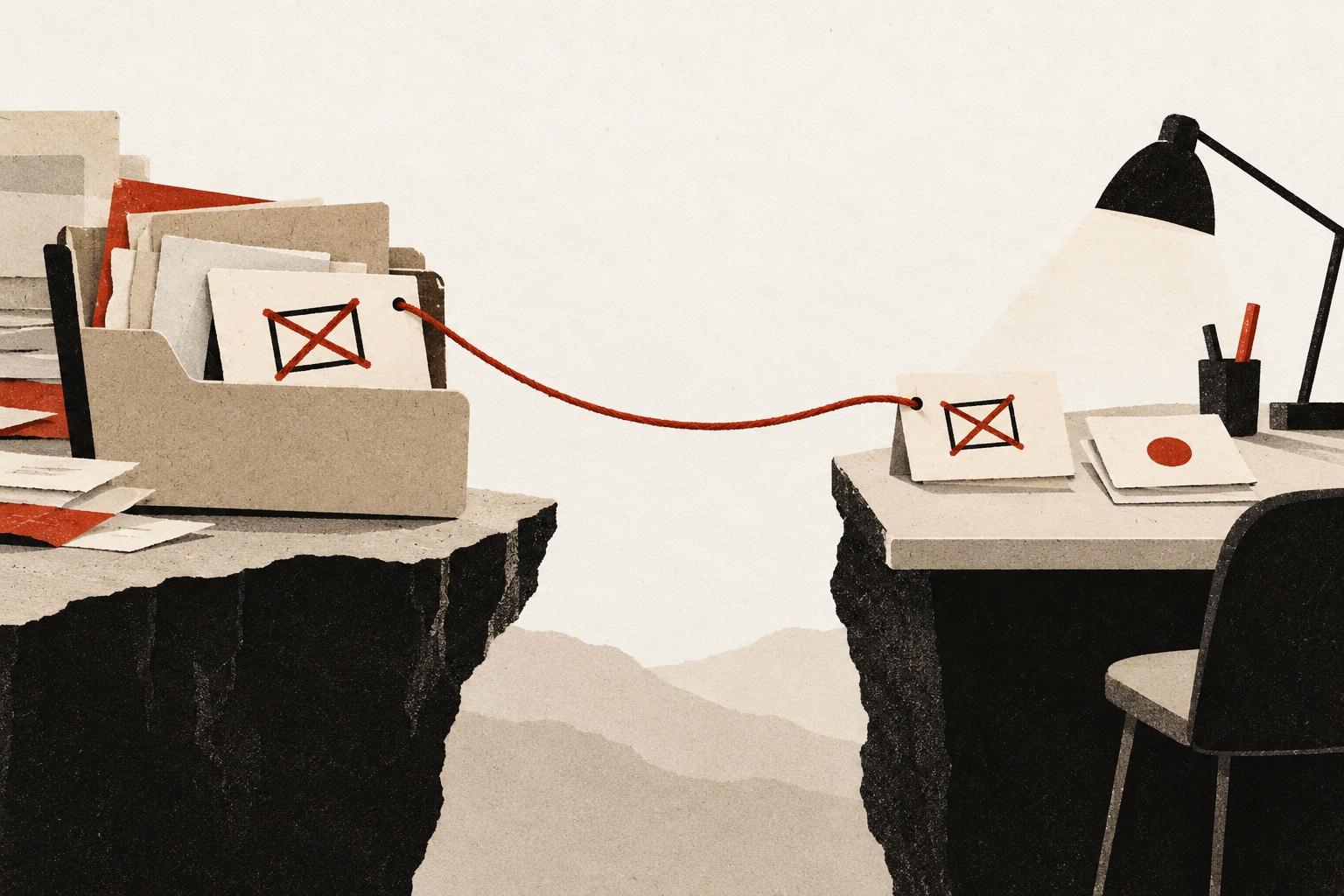 A project decision card travels on a red thread from an open folder to the desk of a new coding session.